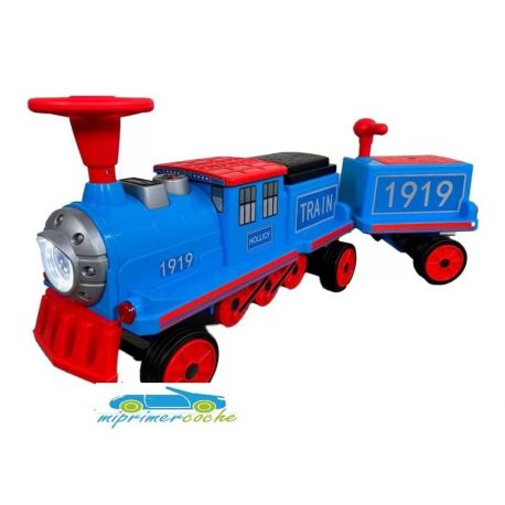 TREN ELÉCTRICO INFANTIL Azul 4 Motores 12V 3 plazas con un vagon