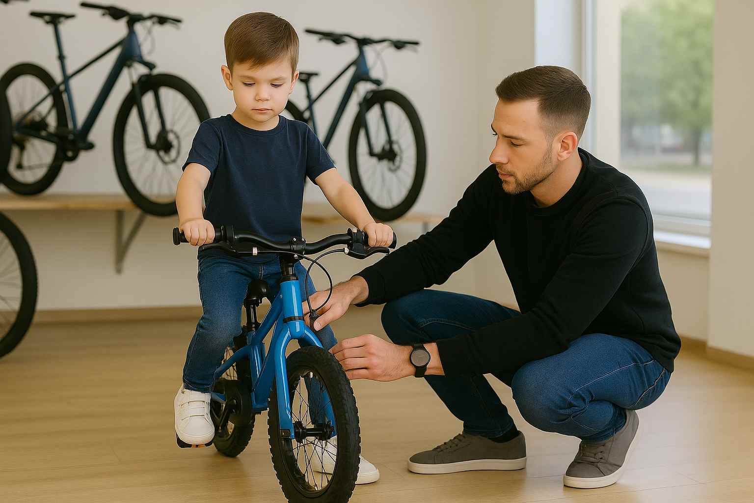 “Adulto ajustando el sillín y manillar de una bicicleta infantil mientras un niño prueba la postura correcta para asegurar que la bici quede a la altura adecuada