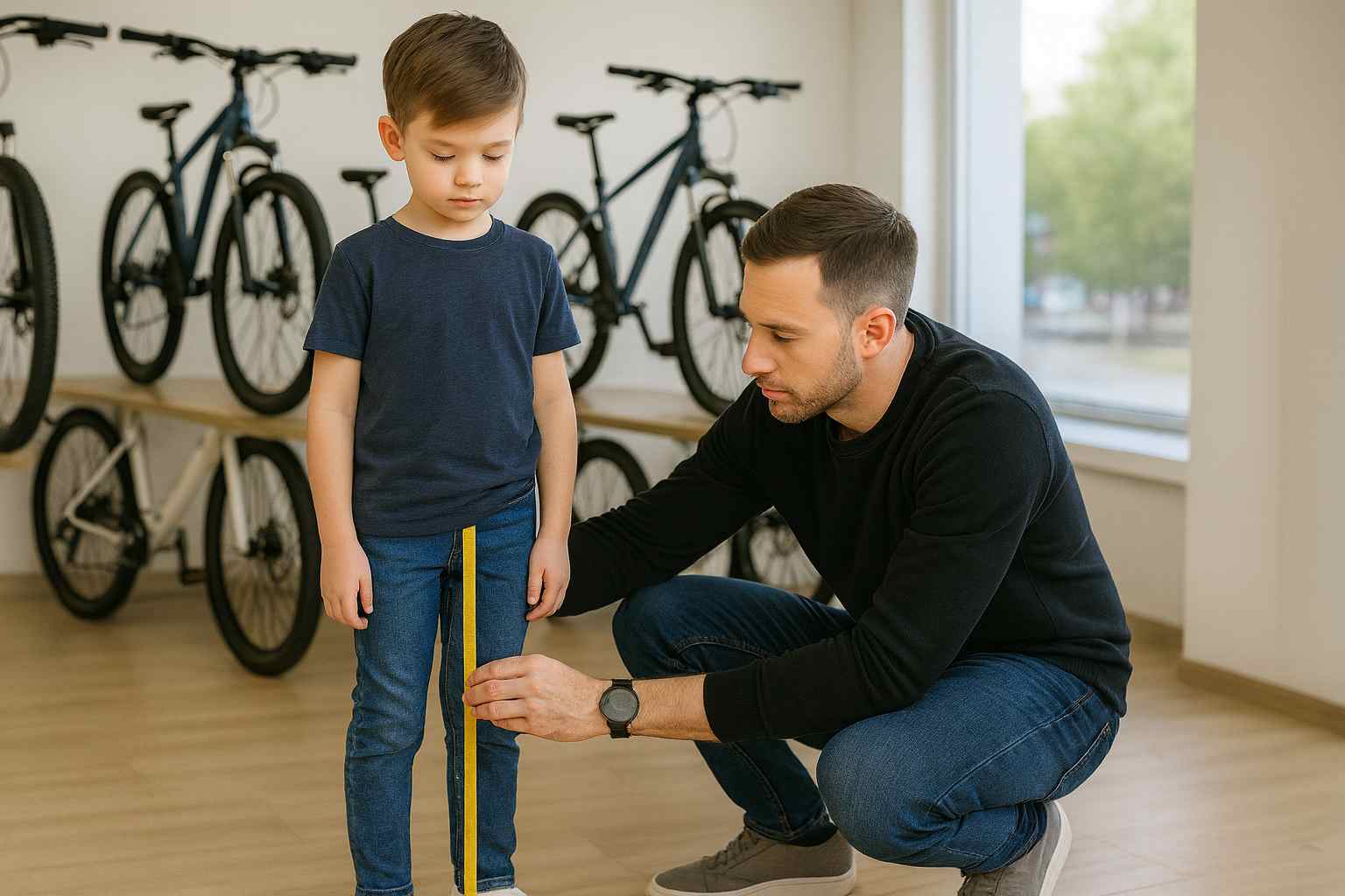 Padre midiendo la altura útil de un niño para elegir la talla de bicicleta infantil dentro de una tienda de bicis.