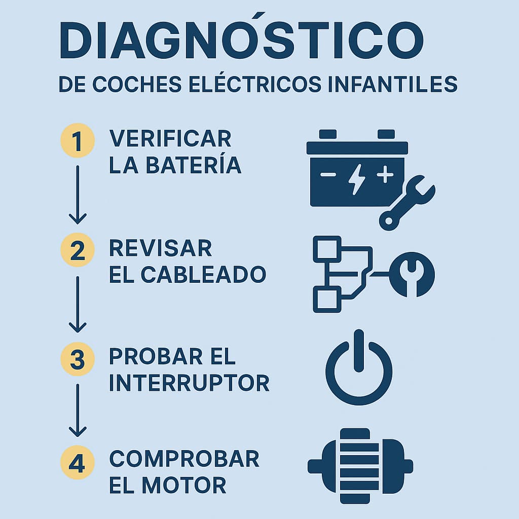 Infografía con pasos básicos para diagnosticar fallos en coche eléctrico infantil