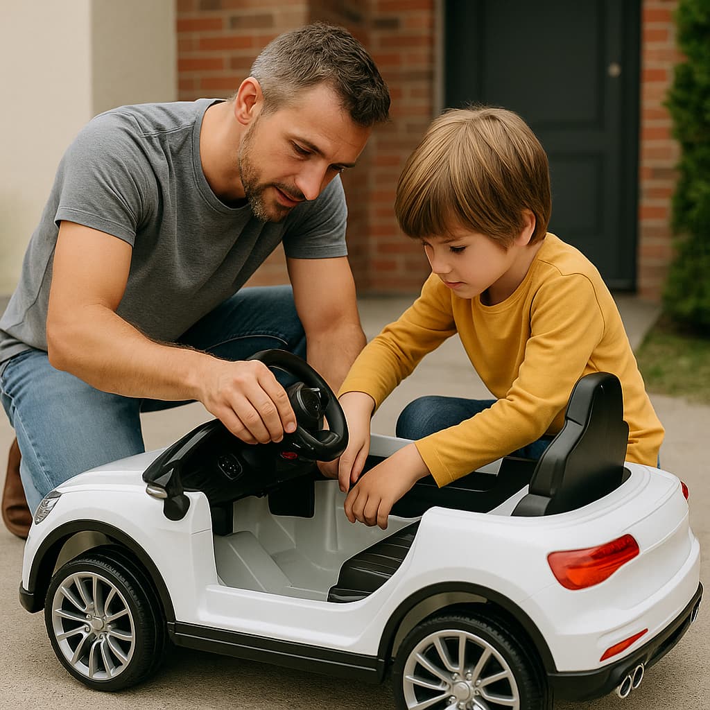 Padre e hijo juntos con un coche eléctrico infantil en casa