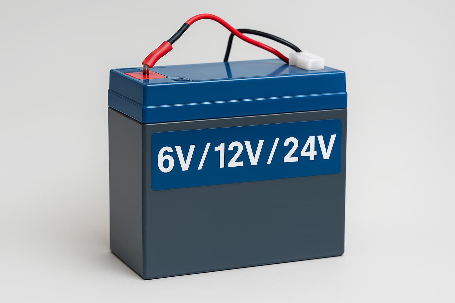 Batería de coche eléctrico infantil en detalle con variaciones de voltaje 6V 12V 24V