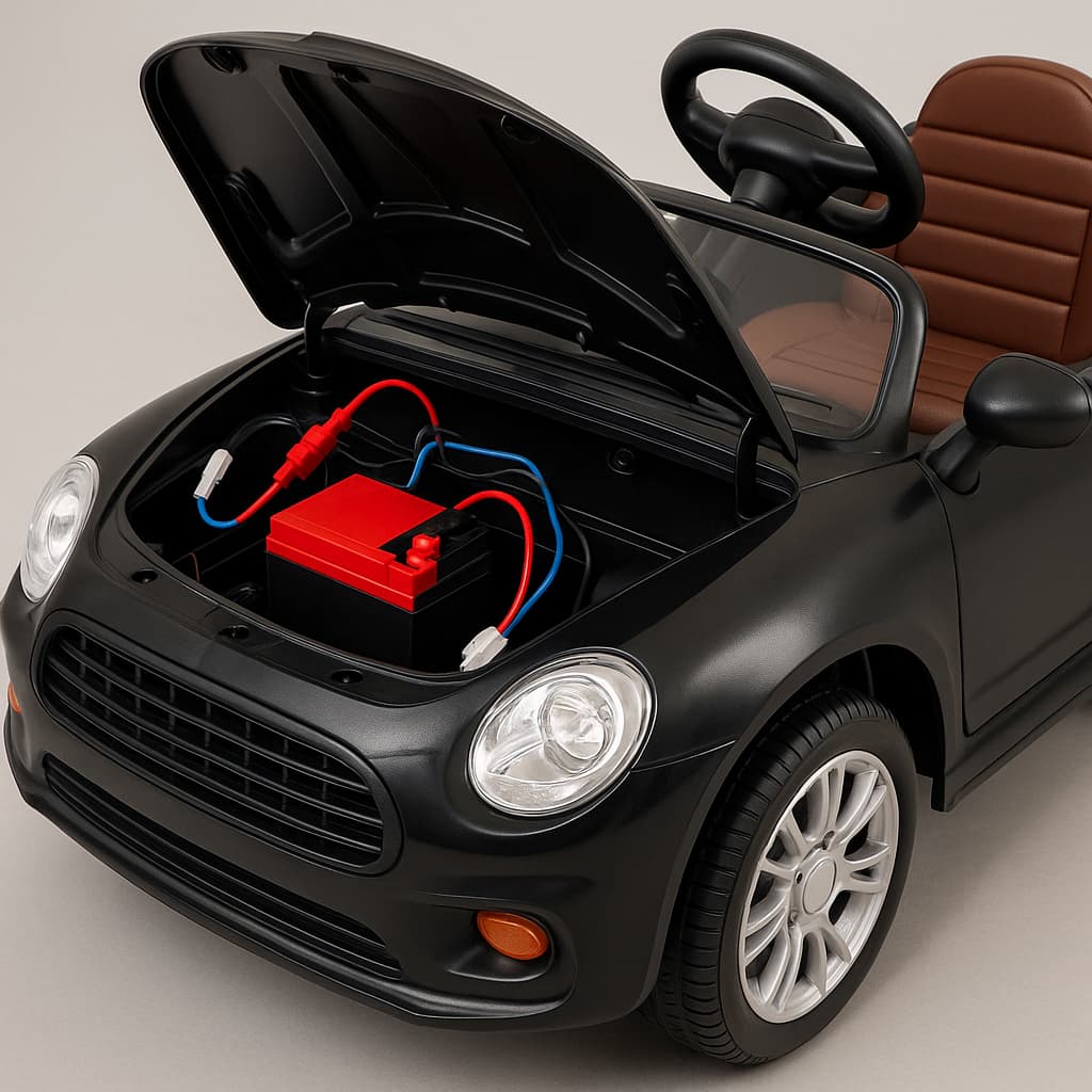 Coche eléctrico infantil abierto mostrando la batería y conexiones internas